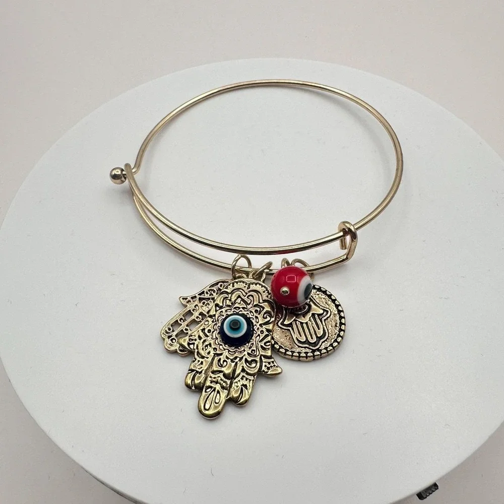 Vintage 90s Gold Tone Hamsa‎ Hand Evil Eye Charm Bangle Bracelet Glass Bead Boho